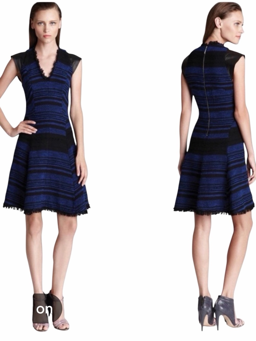 Rebecca Taylor Blue and Black Striped V-Neck Fit-and-Flare Dress